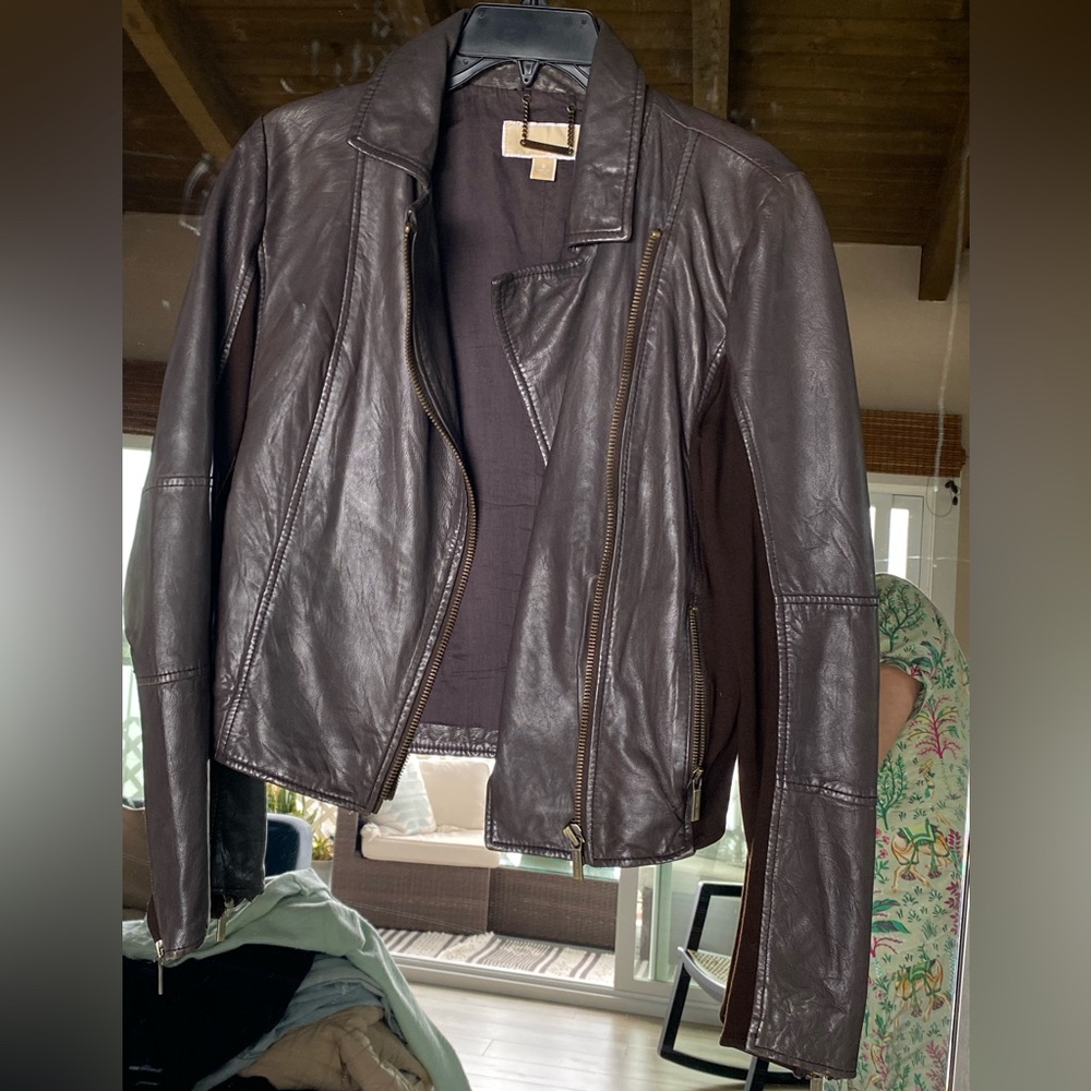 Michael Kors leather jacket with stretch for flattering fit.